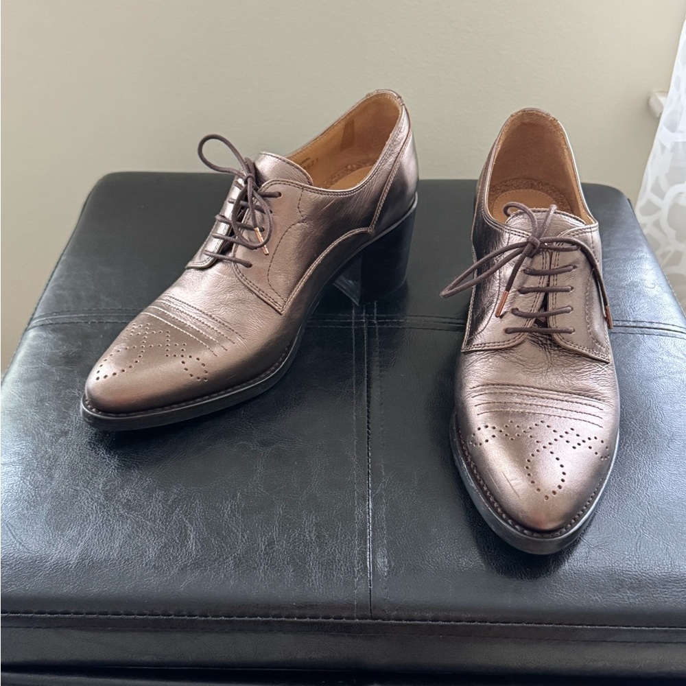 Angela Scott Women’s Metallic Bronze Brown Lace-Up Heeled Oxford Shoes Sz 38 7.5